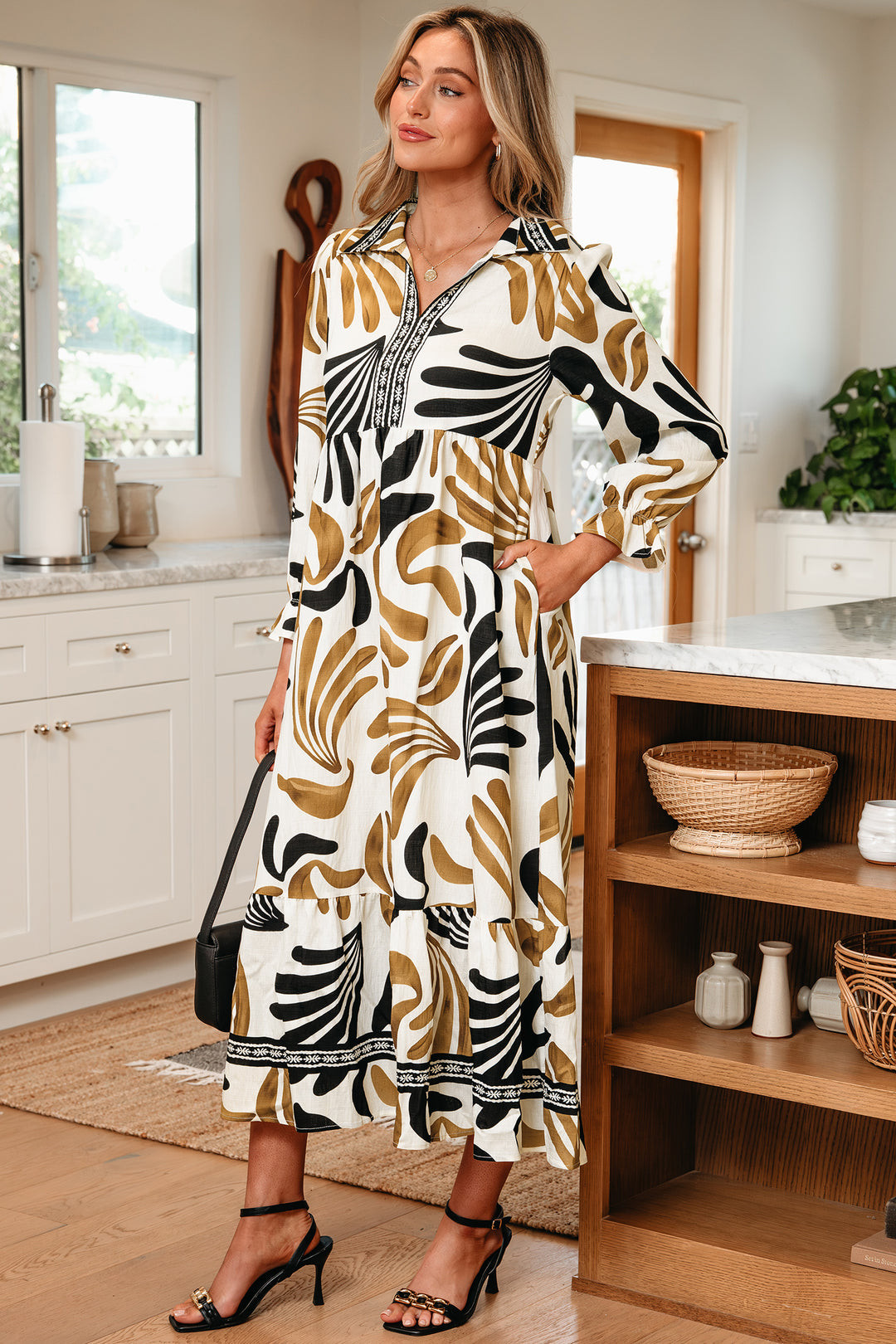 Tropical Printed Contrast Trim Neck Long Sleeve Ruffle Hem Dress