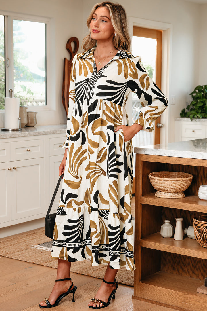 Tropical Printed Contrast Trim Neck Long Sleeve Ruffle Hem Dress