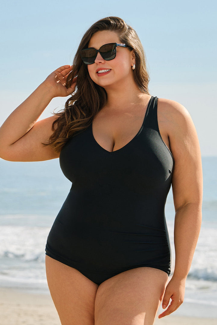 Solid Color U Neck Padded Plus Size One Piece Swimsuit