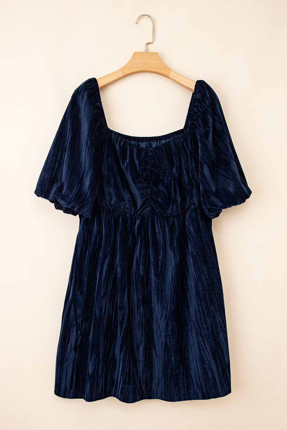Navy Blue Velvet Ruched Bust Square Neck Short Sleeve Plus Dress