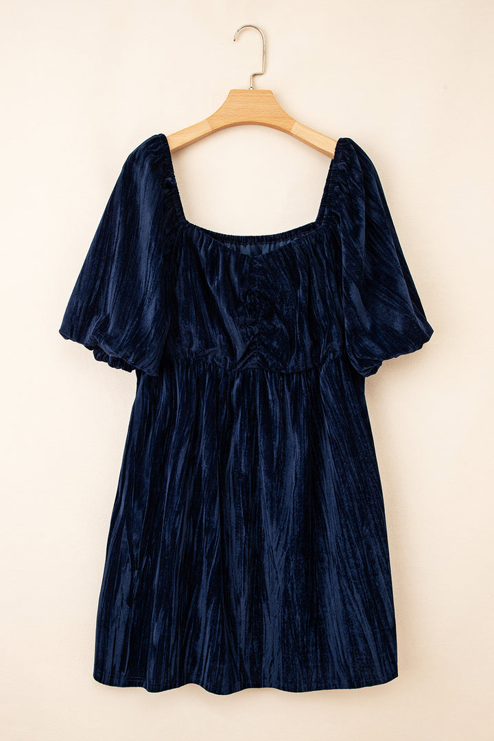 Navy Blue Velvet Ruched Bust Square Neck Short Sleeve Plus Dress