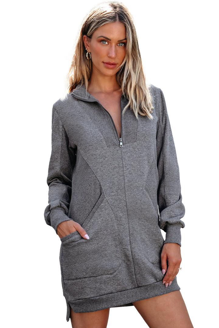 Zip up Collared Ribbed Patchwork Sweatshirt Dress with Pockets