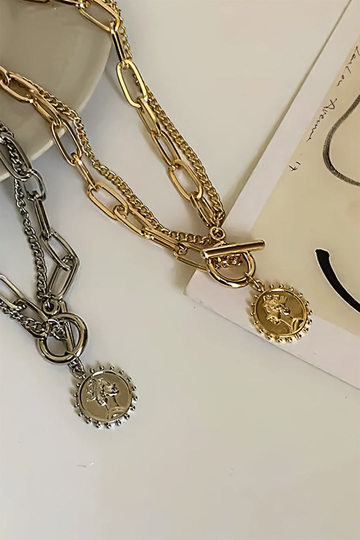 Plated Vintage Carved Coin Pendant Chain Necklace