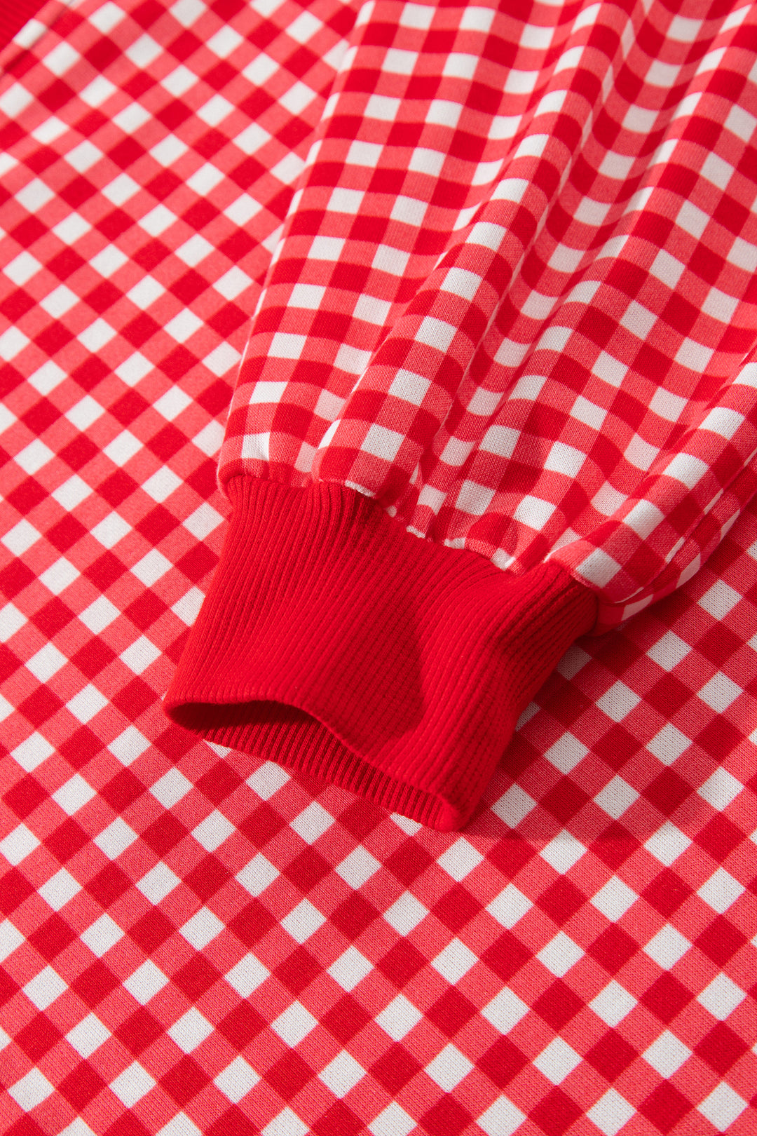 Red Gingham Oversized Ribbed Trim Crew Neck Long Sleeve Top and Skort Set