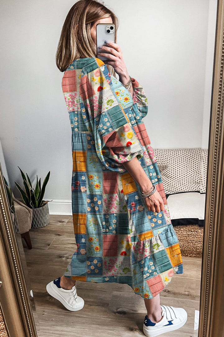 Mix Floral Checkered Pattern Bubble Sleeve Ruffle Hem Dress