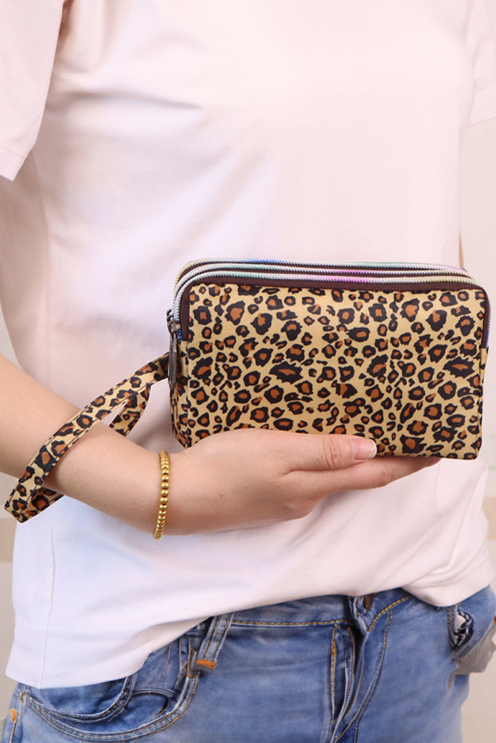 Leopard Print PU Leather Wristlet Zipper Makeup Bag