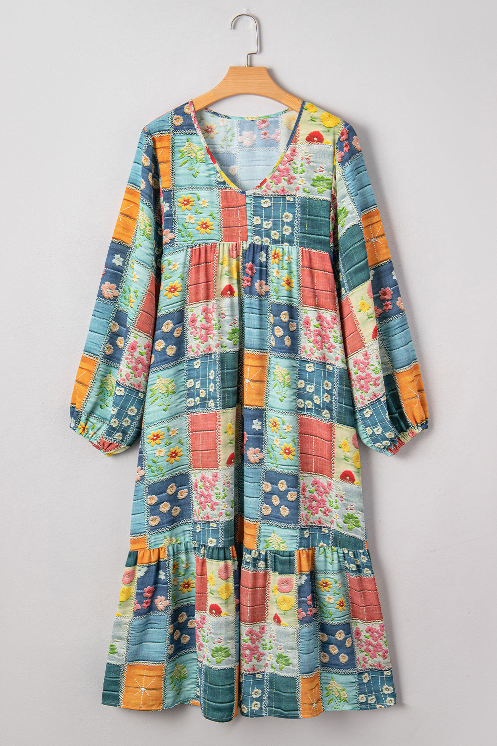 Mix Floral Checkered Pattern Bubble Sleeve Ruffle Hem Dress