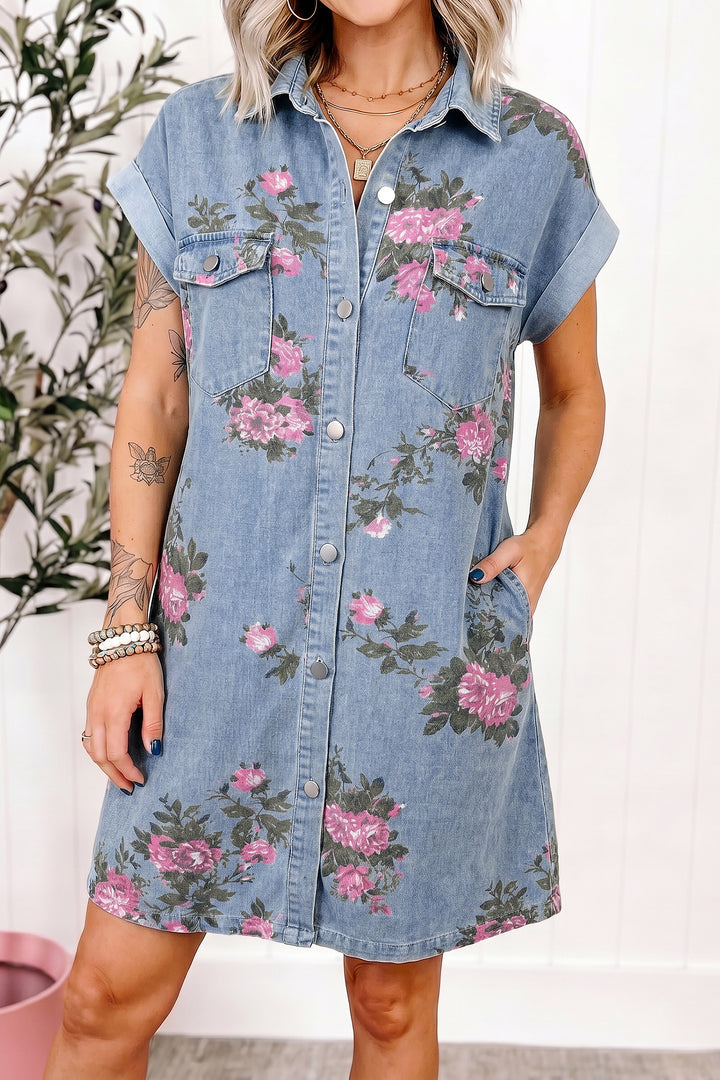 Sky Blue Denim Floral Print Cuffed Short Sleeve Shift Dress