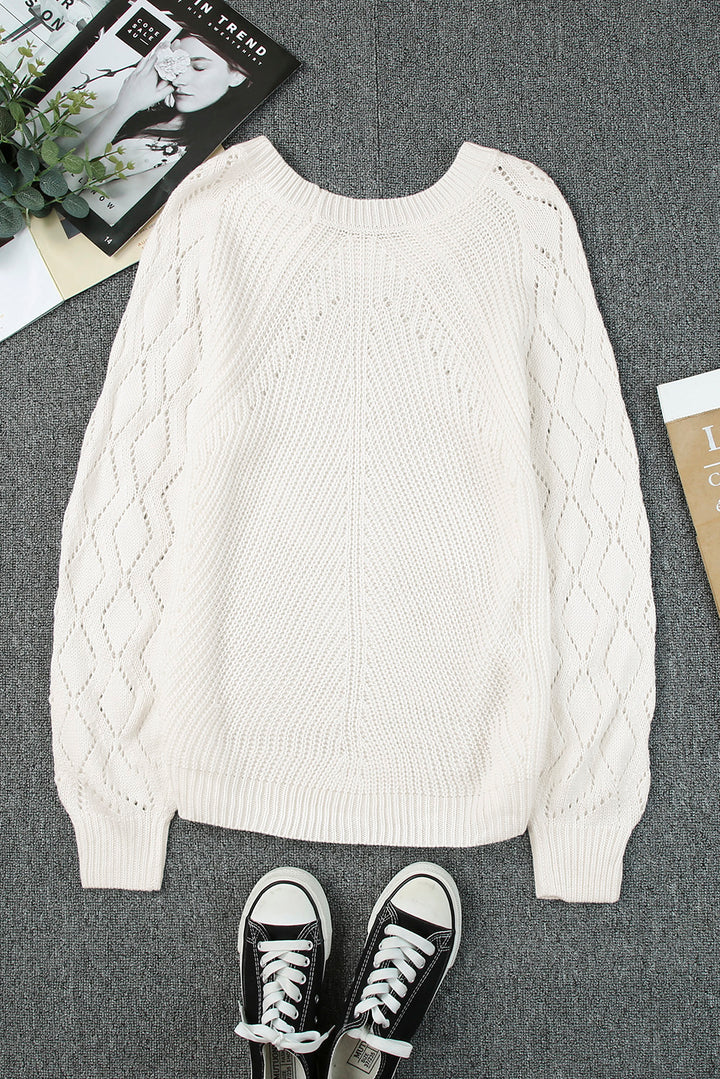 Chic White Hollow-out Puffy Sleeve Knit Sweater