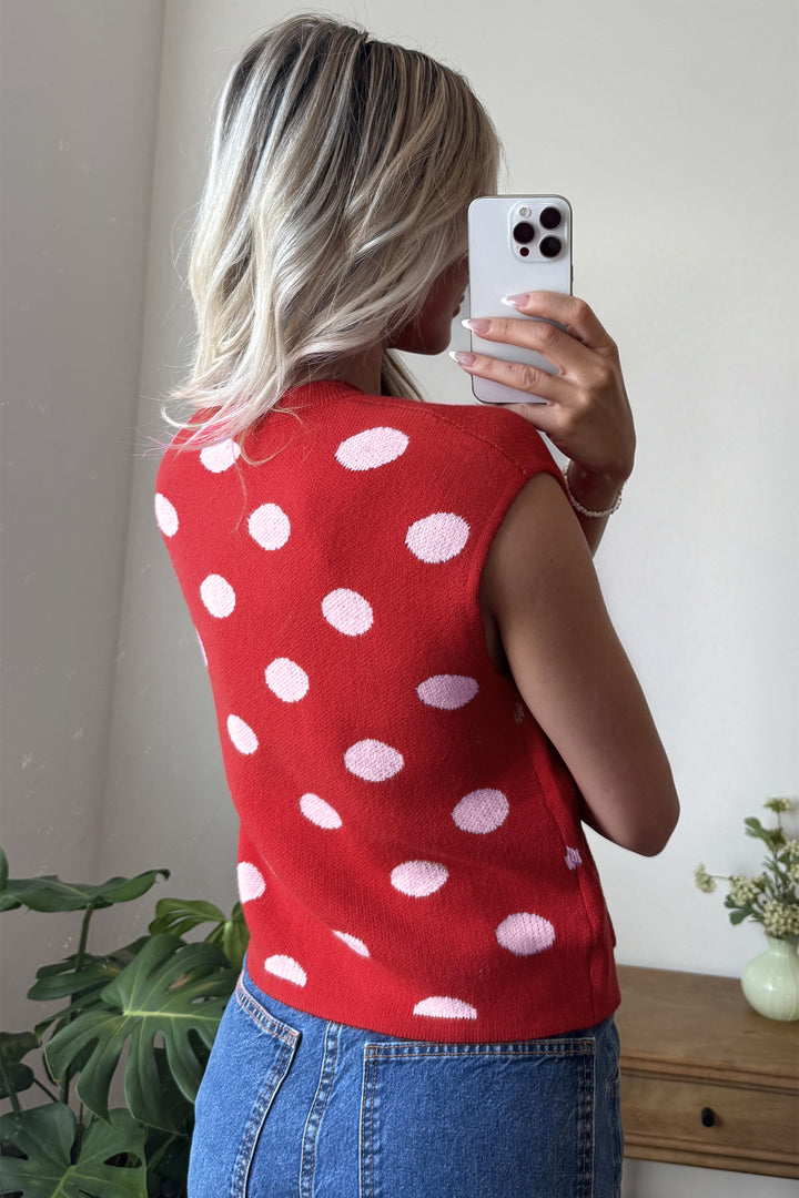 Red Polka Dot Sleeveless Knit Button Drop Shoulder Sweater Vest