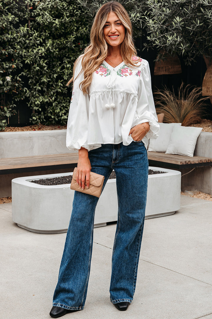 Flower Print Lace-up V Neck Babydoll Blouse