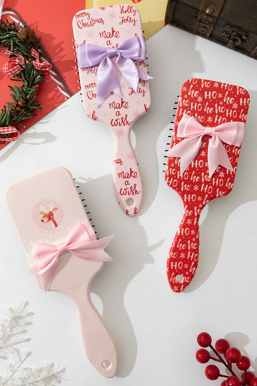 Christmas Letter Print Ribbon Bow Decor Scalp Massage Comb