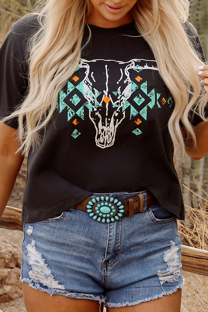 Vintage Western Bull Head Skull Turquoise Aztec Graphic T Shirt