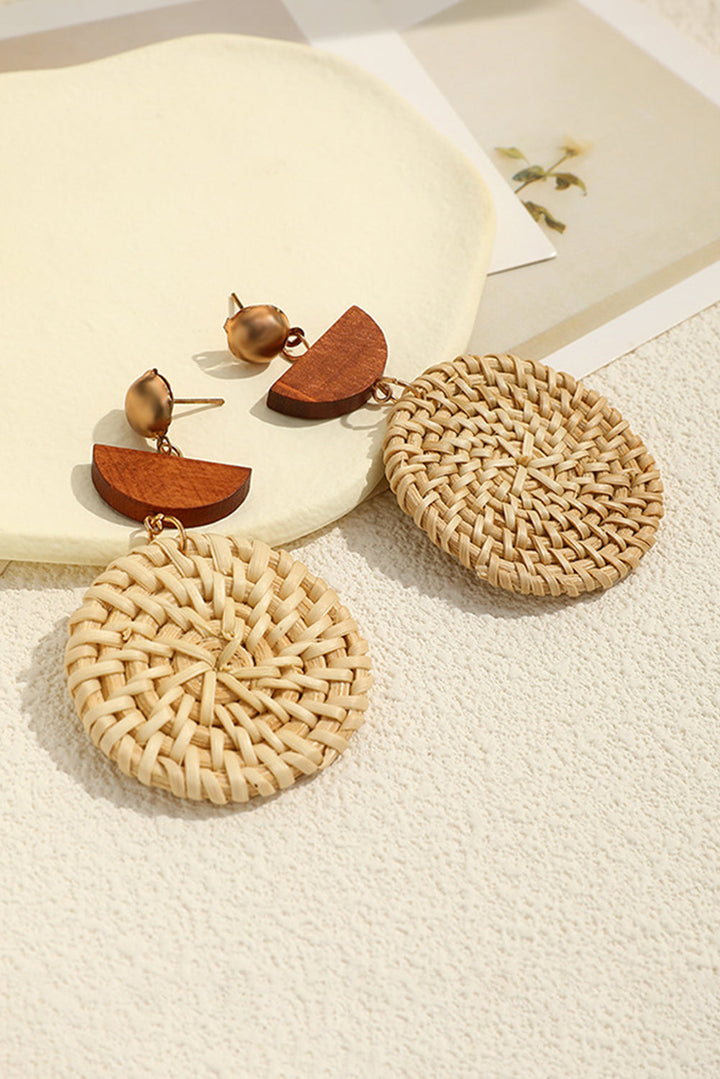 Boucles d'oreilles pendantes en forme de disque en bois tissé