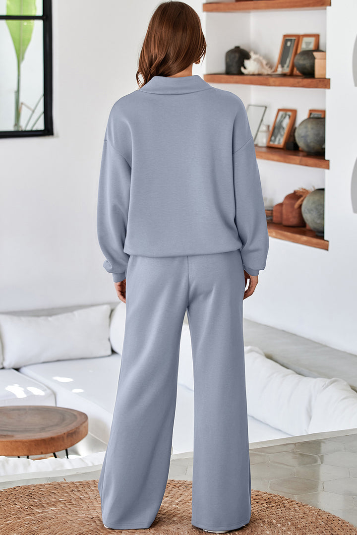 Dusk Blue Cowl Neck Drawstring Pullover Wide Leg Athleisure Pants Set
