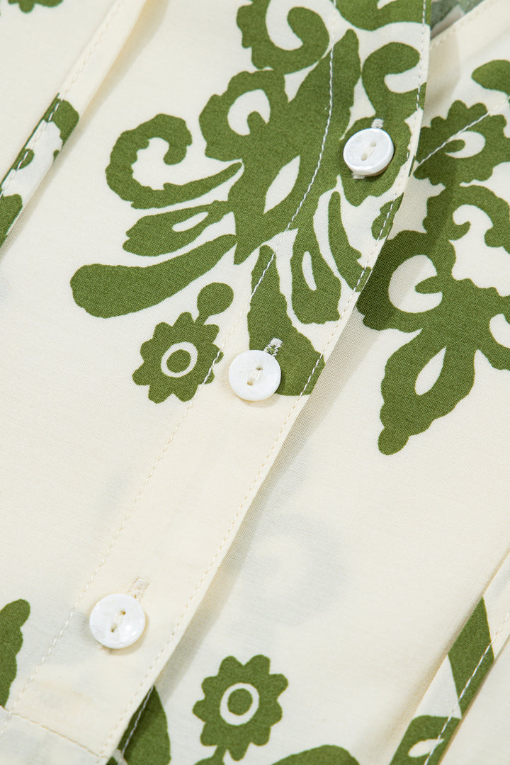 Floral Print Tie V Neck Button Down Puffy Half Sleeve Shirt