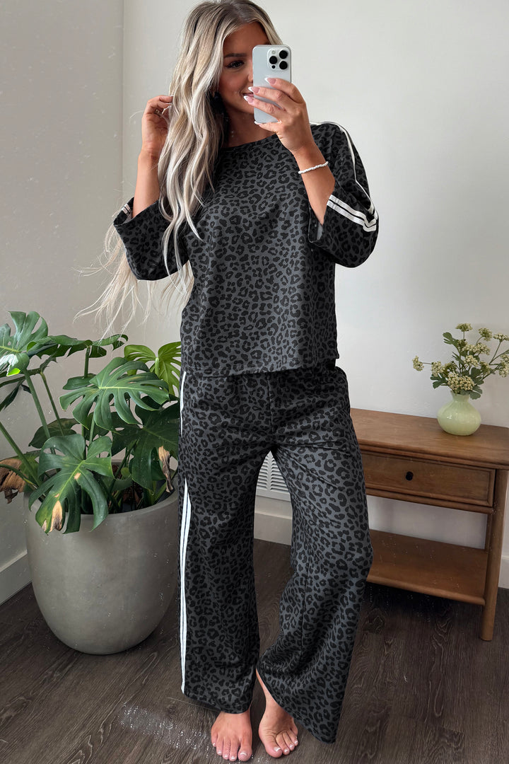 Gray Leopard Print Varsity Striped Detail 3/4 Sleeve Top Shift Pant Set
