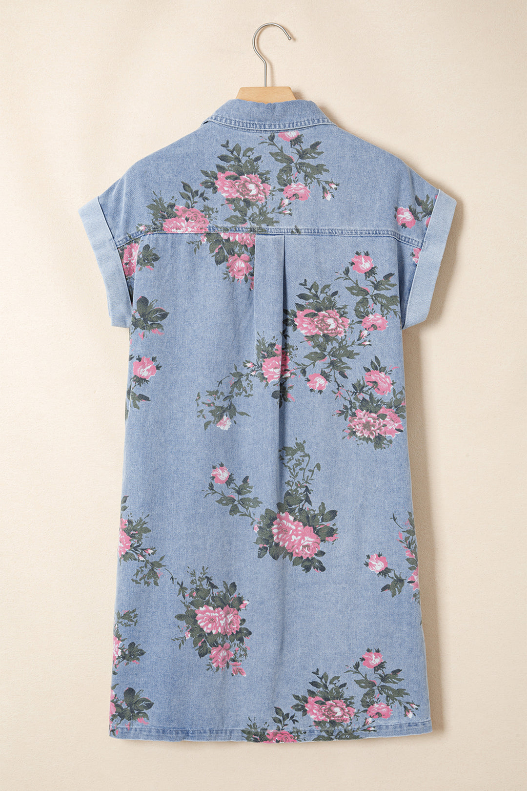 Sky Blue Denim Floral Print Cuffed Short Sleeve Shift Dress
