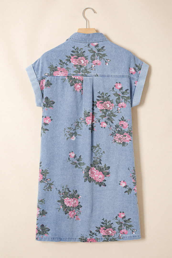 Sky Blue Denim Floral Print Cuffed Short Sleeve Shift Dress