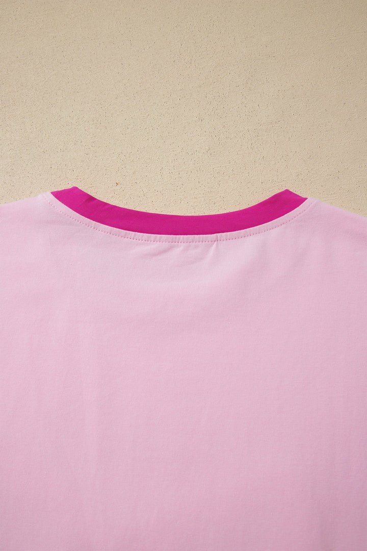 Gossamer Pink Embroidered Bow Detail Color Block Loose Tee
