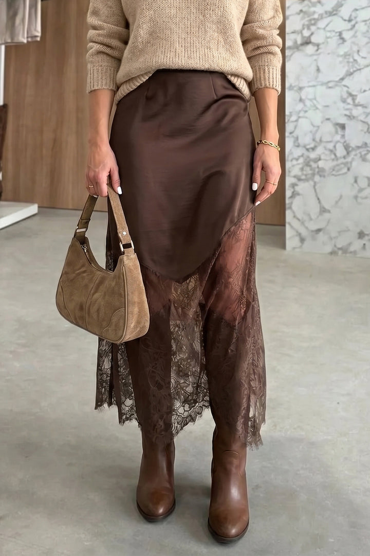 Casual Dark Brown Lace Patchwork Hem Shift Long Skirt
