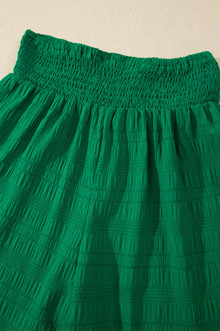 Dark Green Textured Square Neck Top and Shirred High Waist Shorts Set