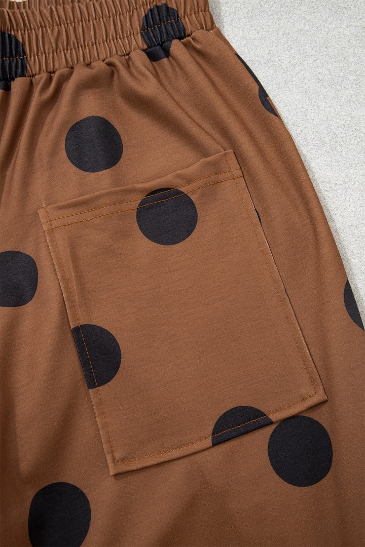 Brown Polka Dot Wide Leg Elastic Waist Casual Pants