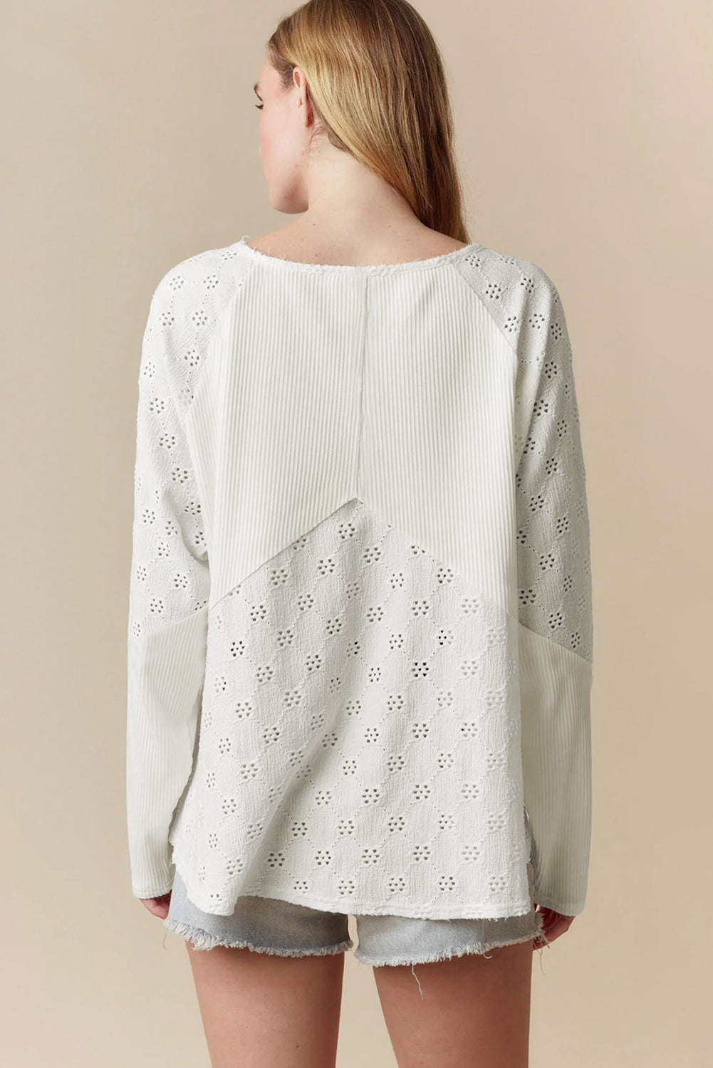 Twisted Rib Patchwork Embroidered Loose V Neck Long Sleeve Top