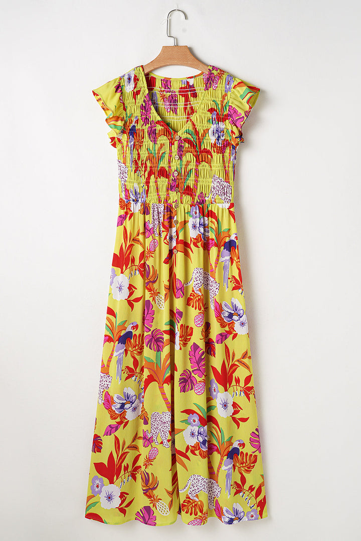 Cheetah Plant Print Shirred Button V Neck Maxi Dress