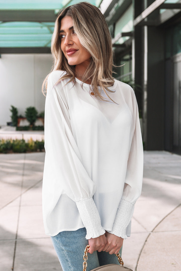 Smocked Cuffs Semi Sheer Long Sleeve Dolman Blouse