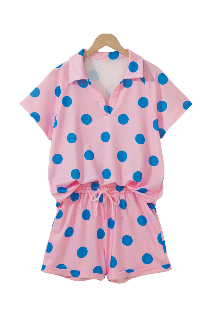 Pink Polka Dot Print V Neck Tee Short Set