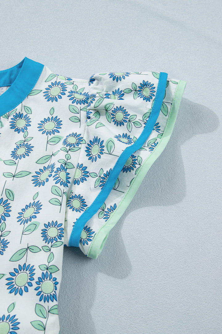 Sky Blue Cute Sunflower Printed Striped Long Dress