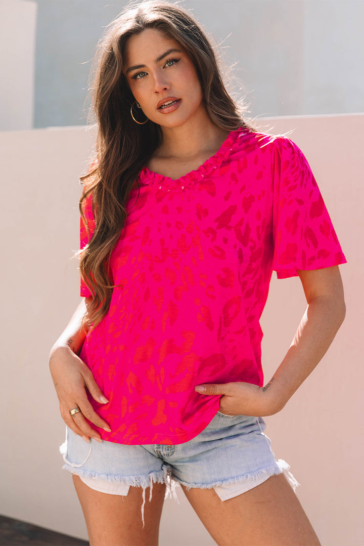 Leopard Frilly V Neck Short Sleeve Blouse