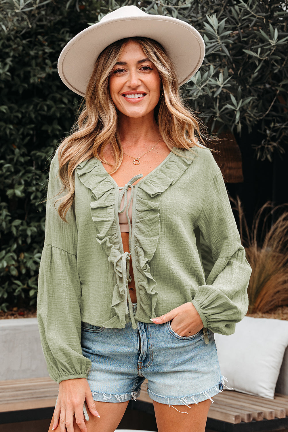 Bow Tie Front Ruffle Trim V Neck Long Sleeve Gauze Blouse
