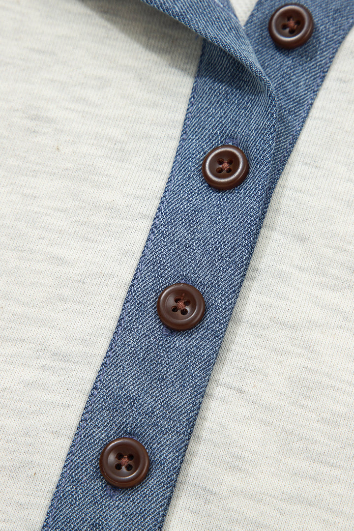 Light Grey Denim Color Block Patchwork Button Polo Collar T Shirt Tunic Dress