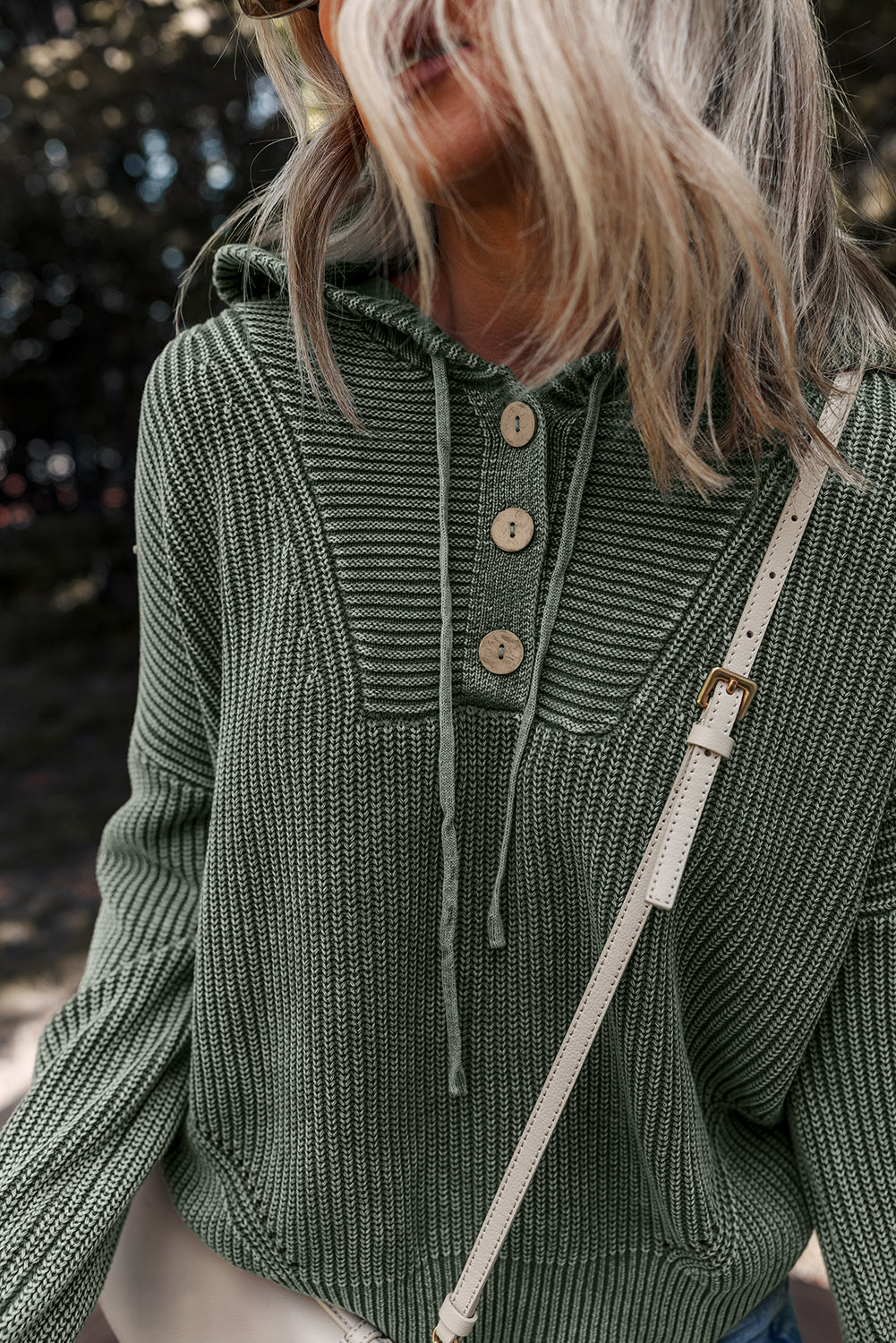 Mineral Wash Ribbed Knit Button Drawstring Neck Hooded Sweater