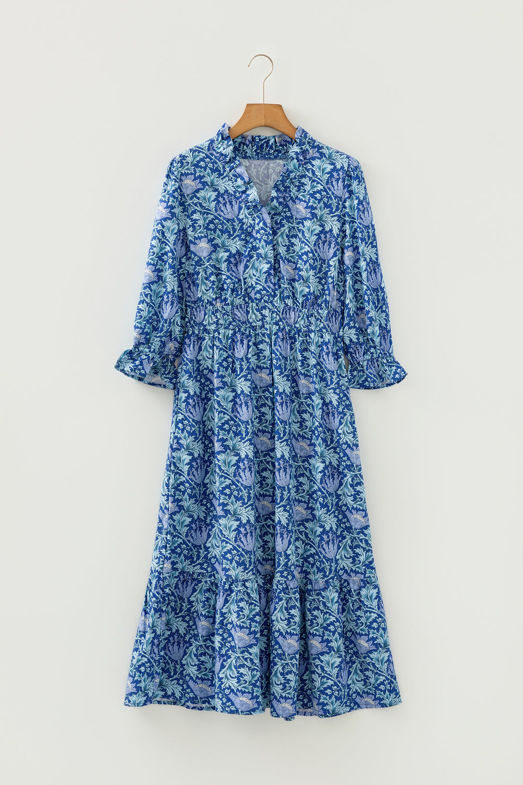 Sky Blue Floral Printed Frilled V Neck Bracelet Sleeve Long Dress