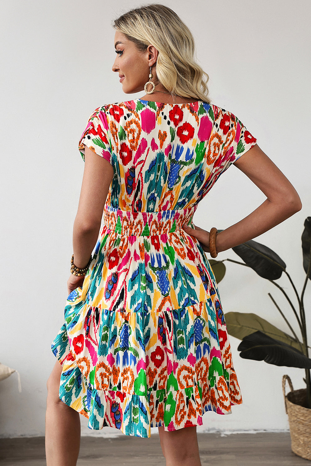 Sky Blue Abstract Print Dolman Sleeve Ruffle Tiered Mini Dress