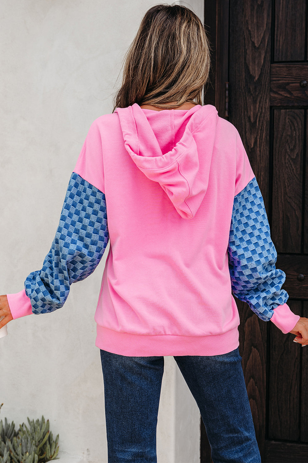 Checkered Patchwork Kangaroo Pocket Half Zipper Hoodie