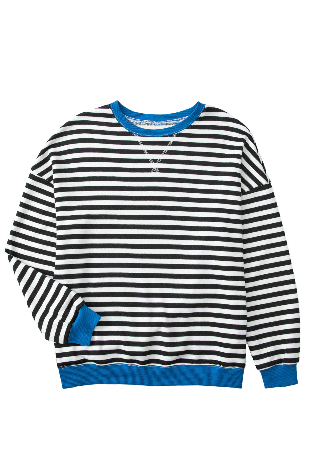 Striped Contrast Ribbed Trim Crossed Stitch Drop Shoulder Sweatshirt
