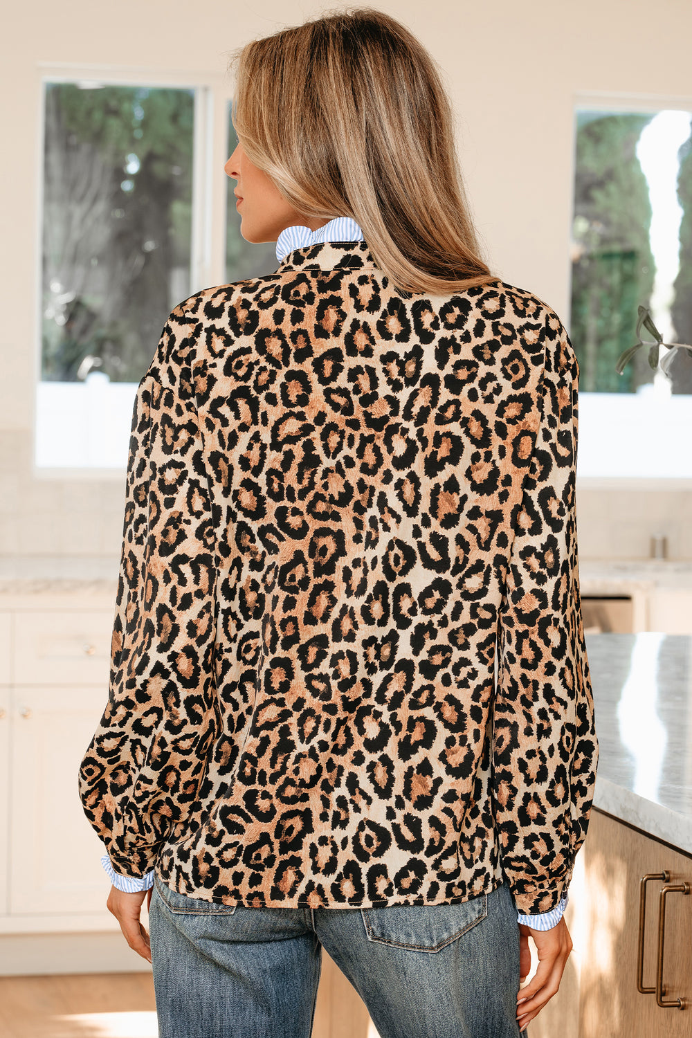 Wild Leopard Print Contrast Striped Frilled Trim Chic Shirt