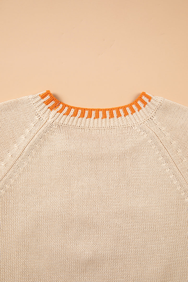 Parchment Floral Embroidery Pumpkin Long Sleeve Round Neck Sweater
