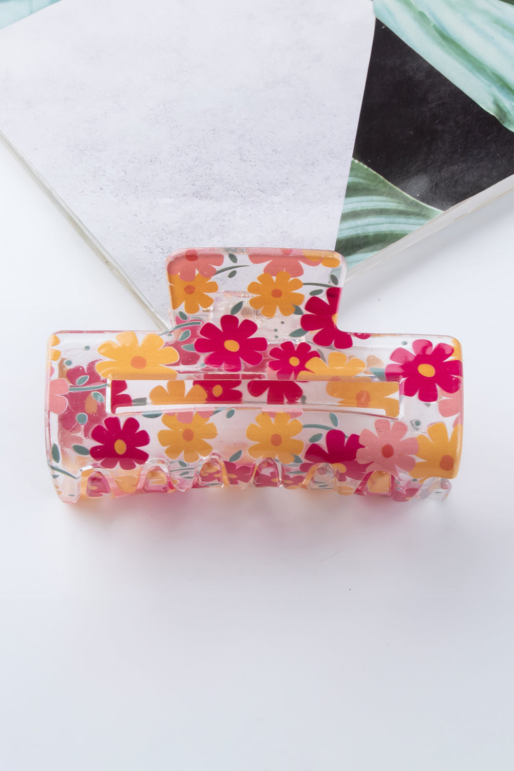 Floral Print Clear Plastic Square Hair Claw Clip