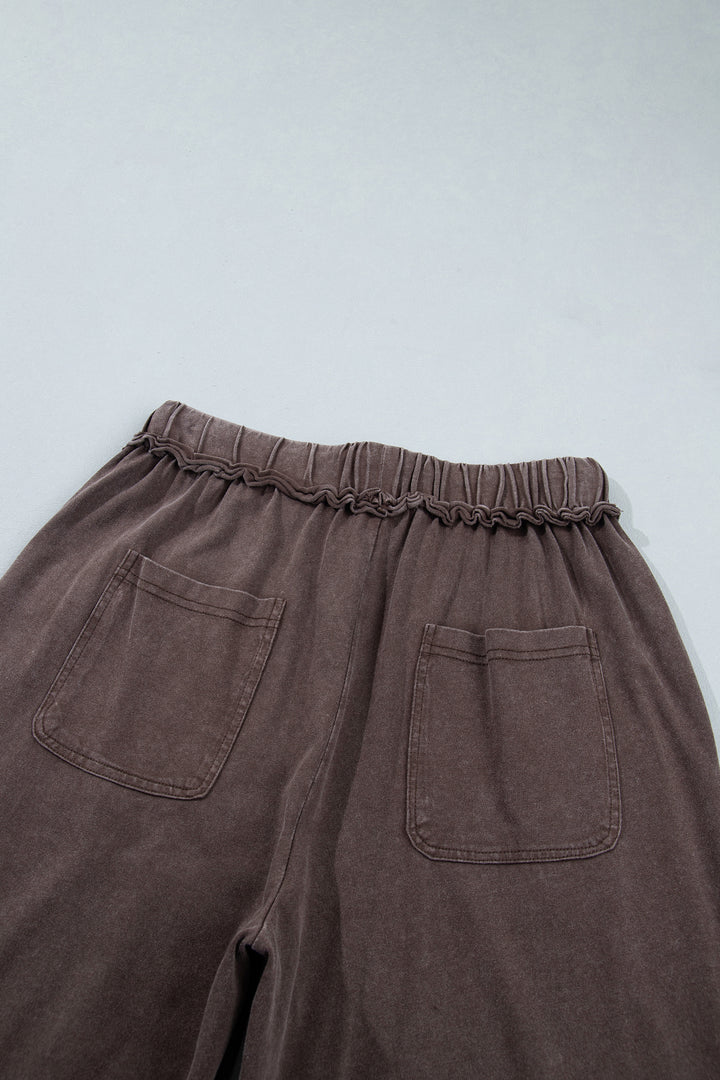 Coffee Mineral Wash Seam Detail Flare Leg Drawstring Pants