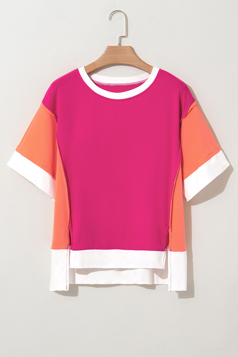 Color Block Patchwork Side Slits Loose Fit T Shirt