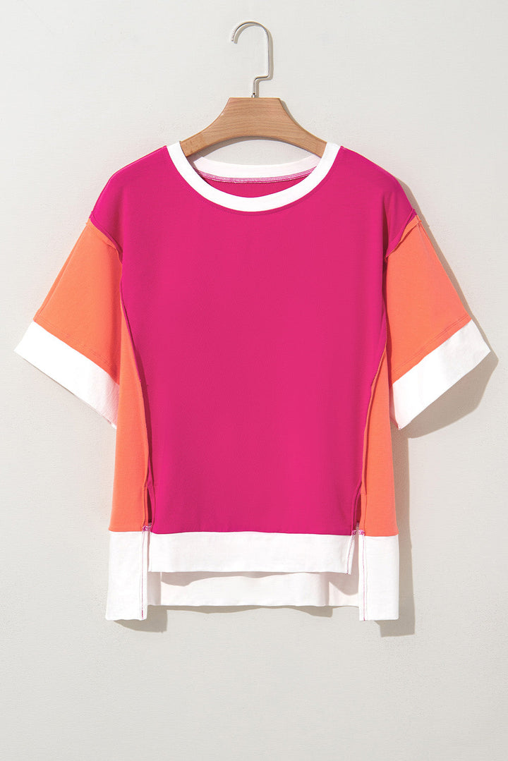 Color Block Patchwork Side Slits Loose Fit T Shirt