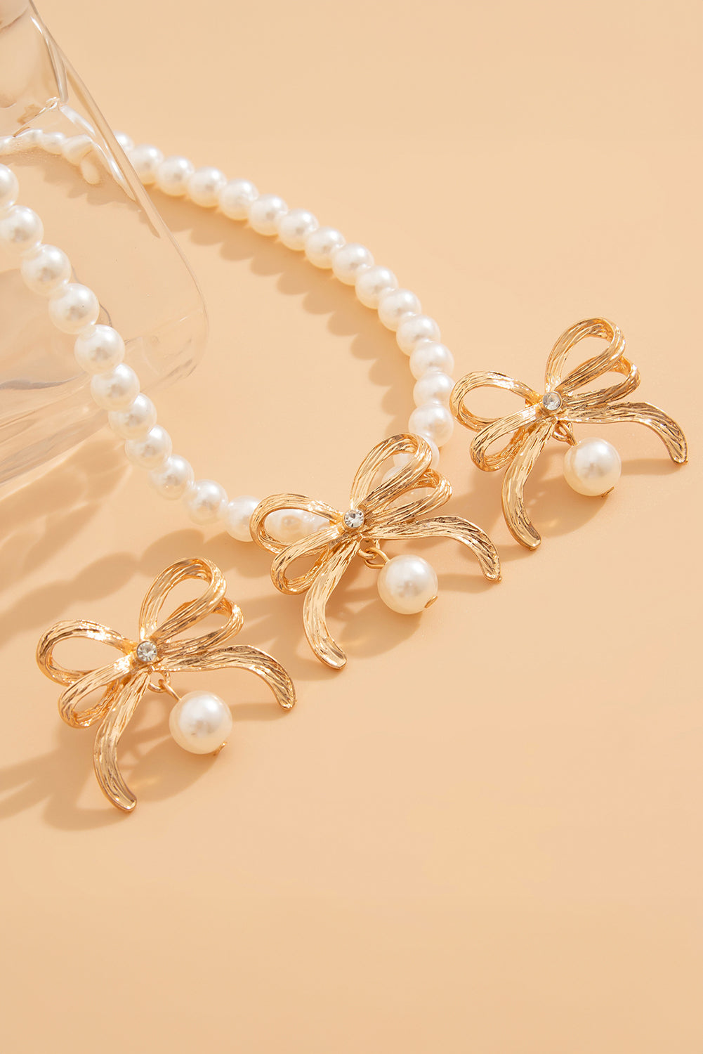 Rhinestone Pearl Bow Decor Plated Necklace and Earrings Set