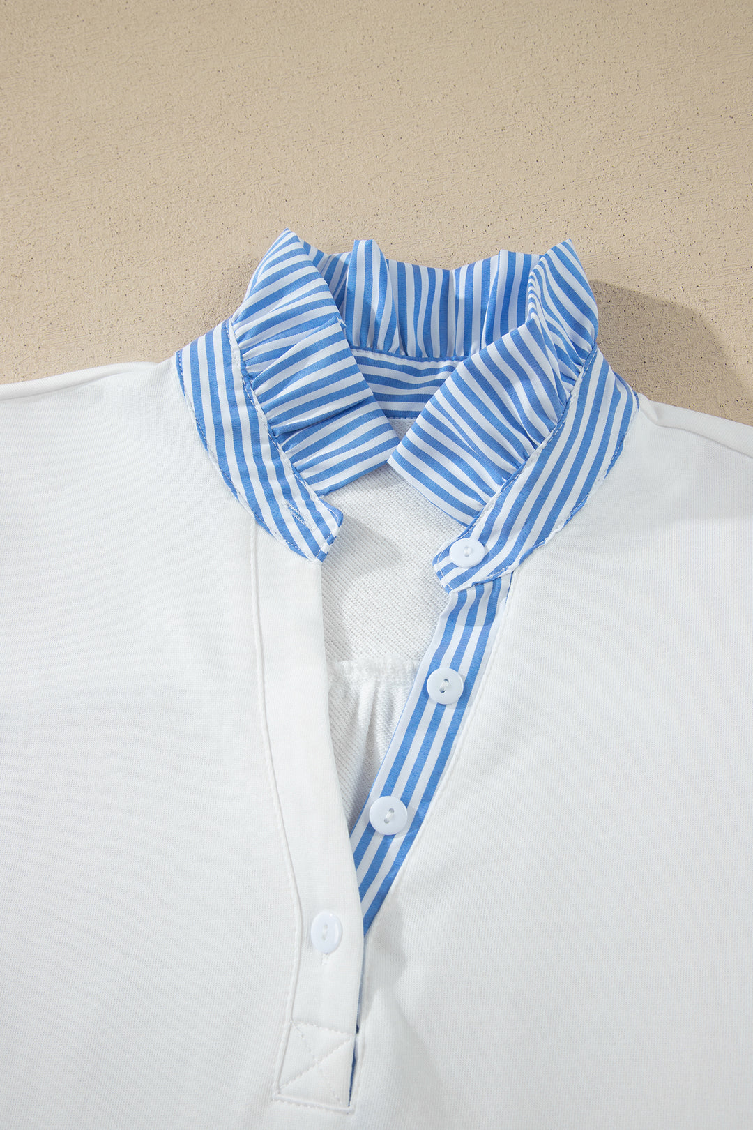 White Striped Frilled Collar Short Sleeve Blouse