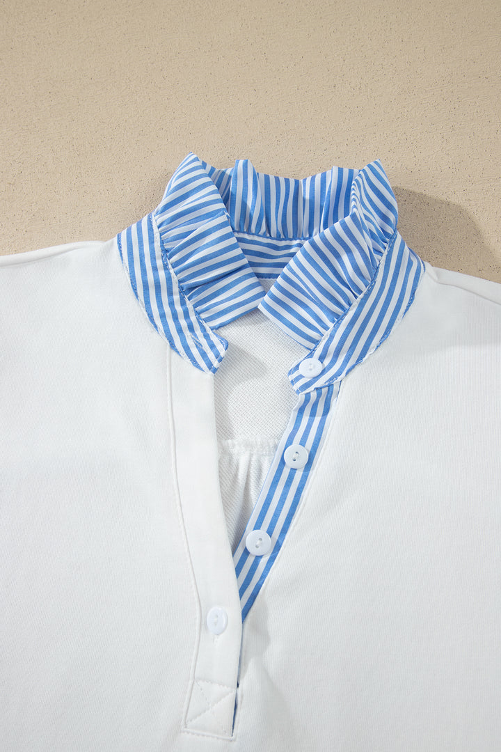 White Striped Frilled Collar Short Sleeve Blouse