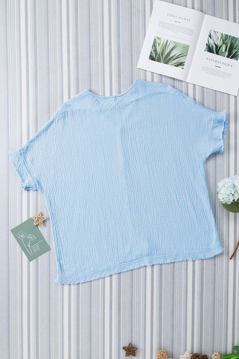 Sky Blue Frayed Batwing Sleeve Textured Cotton Blouse